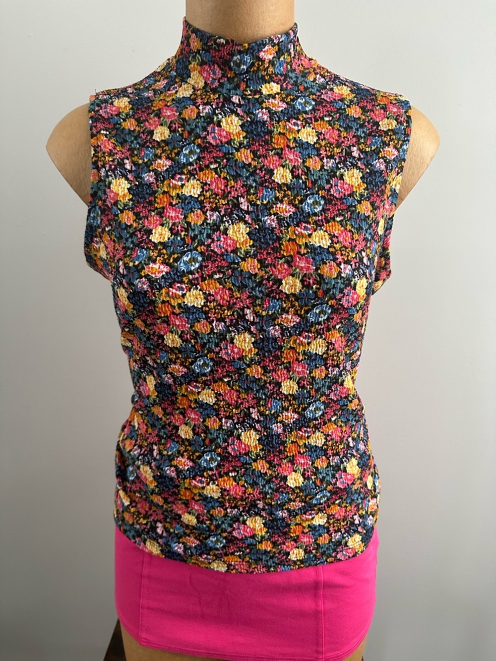 Sleeveless High-Neck Floral Smocked Top